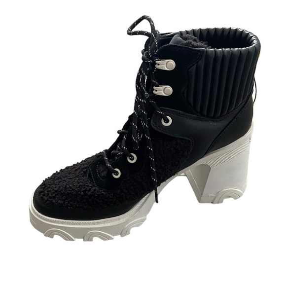 NWT Sorel Brex Heel Cozy Lace Booties in Black/Sea Salt Platform Chunky - Picture 6 of 11